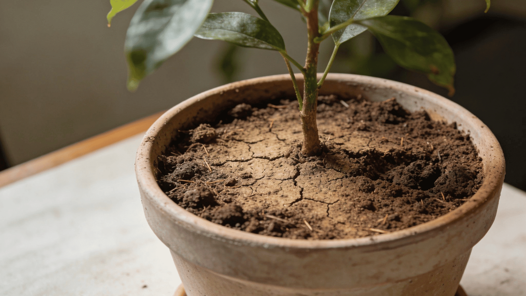 dry soil in a potted indoor plant before watering