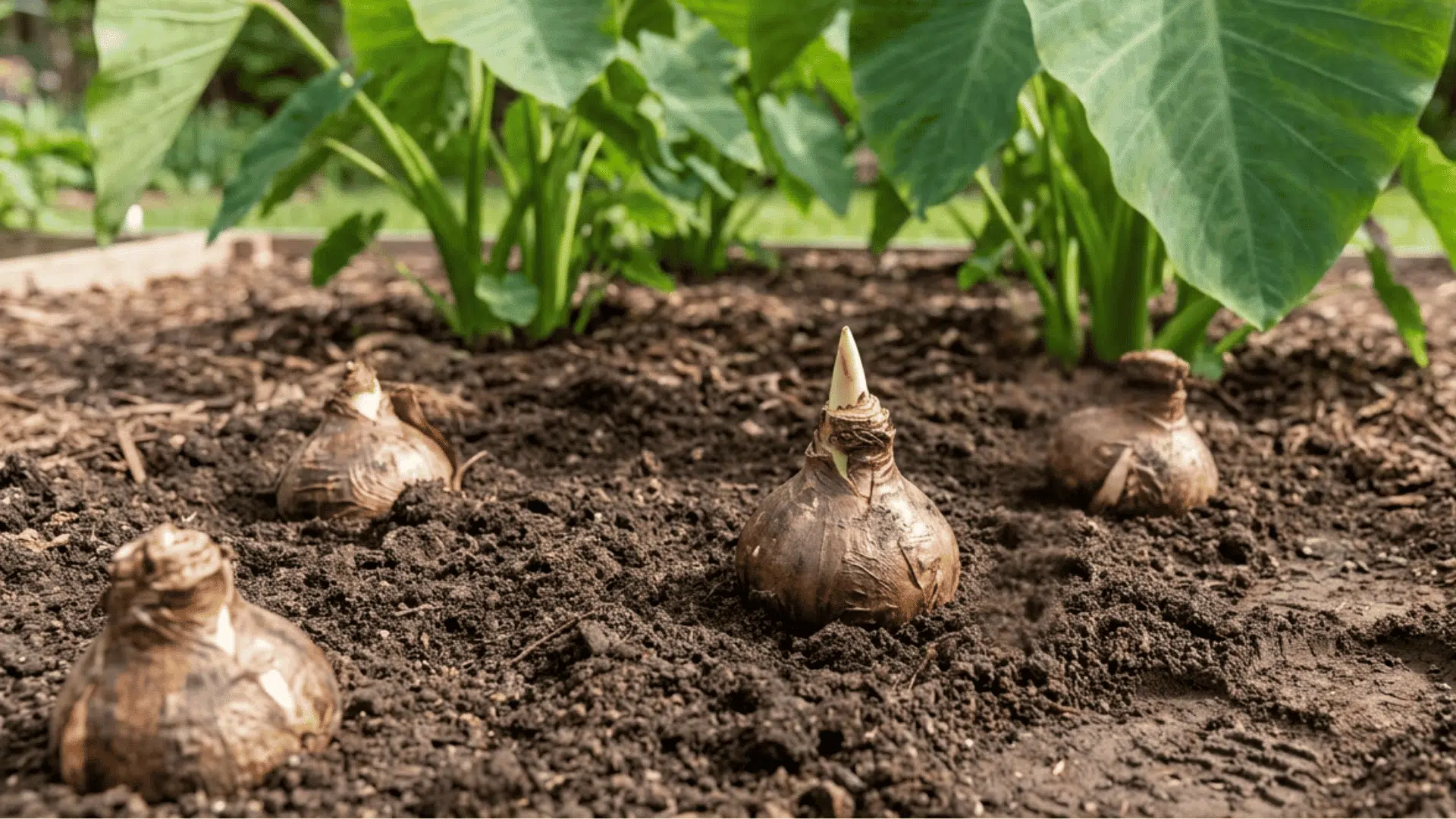 Elephant ear bulbs being planted in warm garden soil beside large mature elephant ear plants