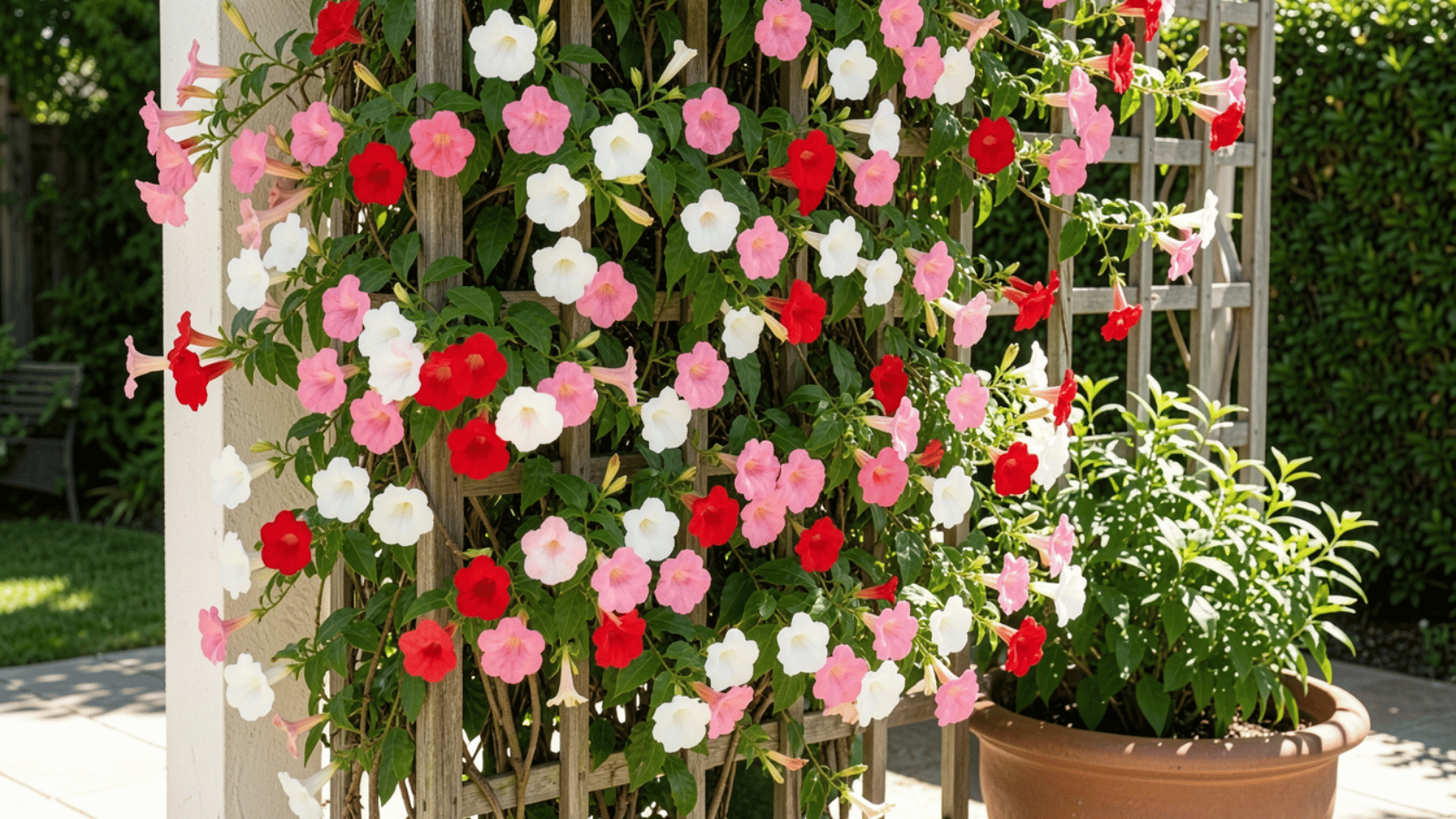 Flowering mandevilla vines climbing a trellis beside a patio with green leaves and colorful blooms