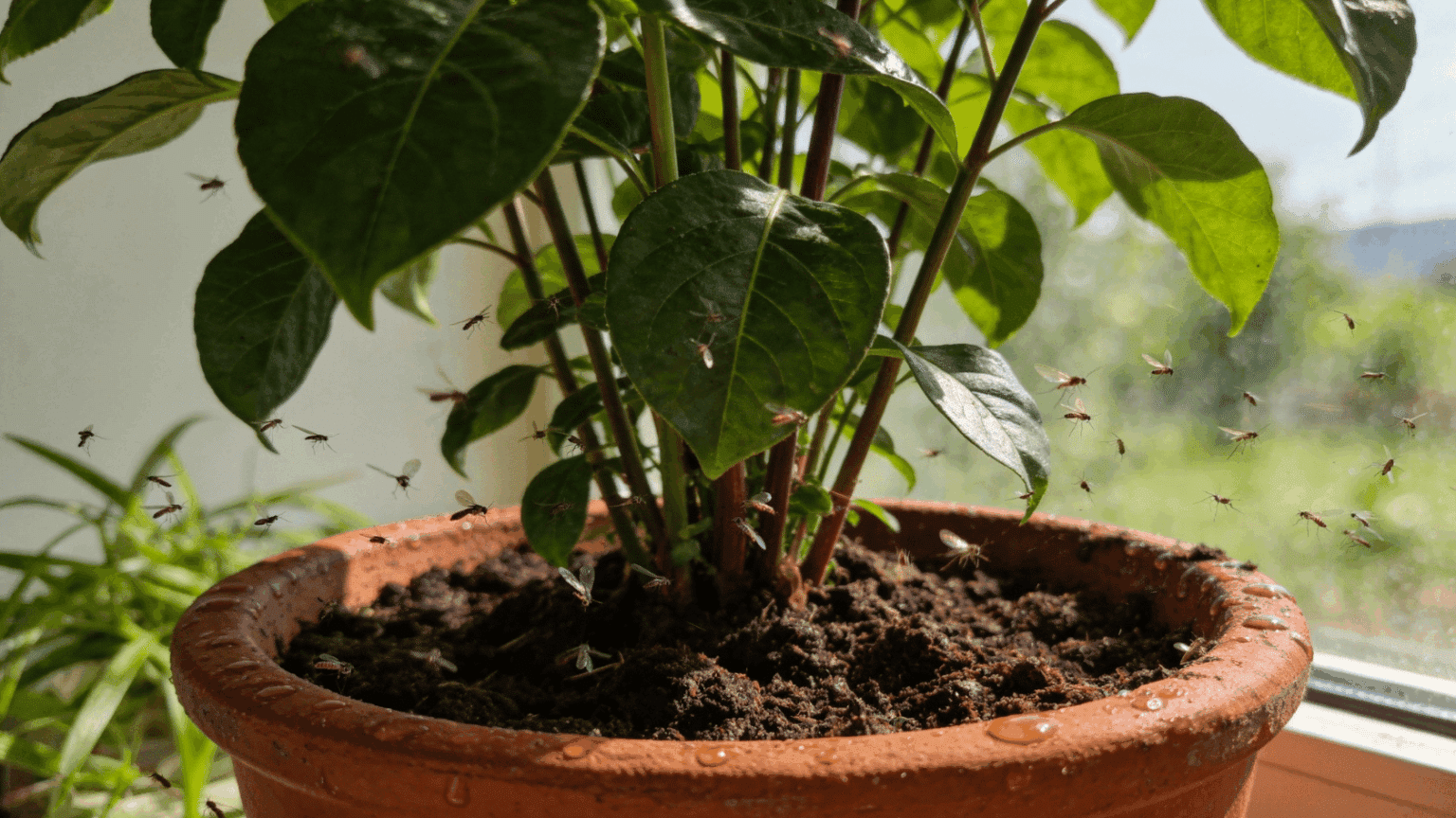 Fungus gnats flying around damp soil in a potted indoor plant near a sunny window