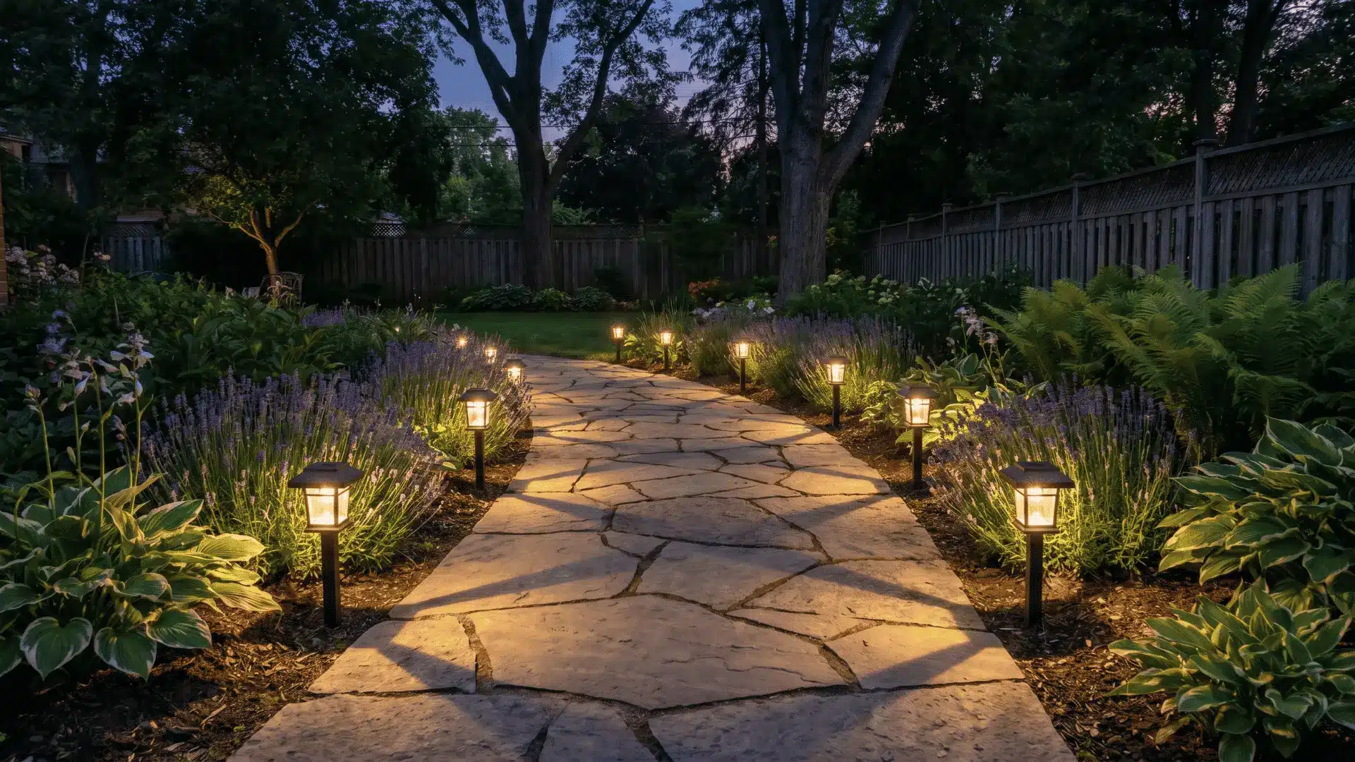 Garden path lined with evenly spaced solar lights (1)