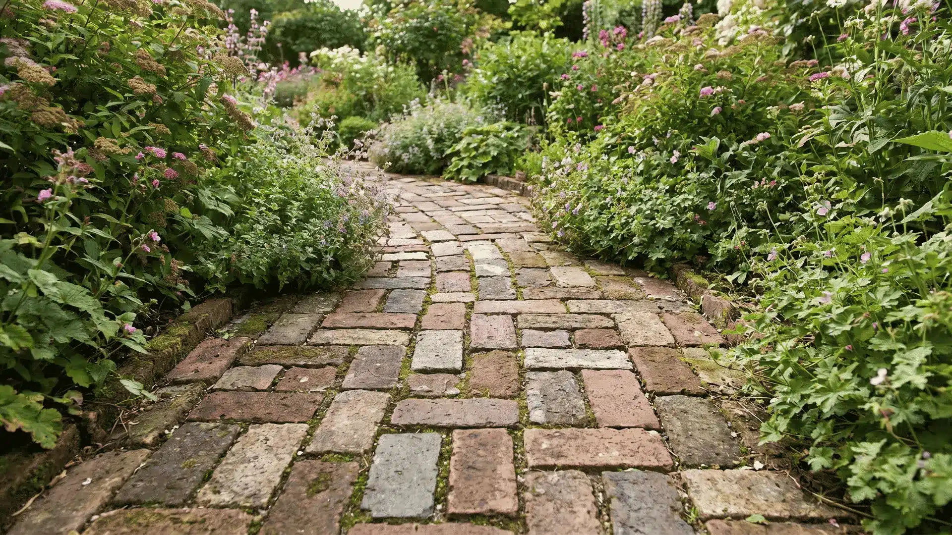 Garden path made with reclaimed bricks and varied textures