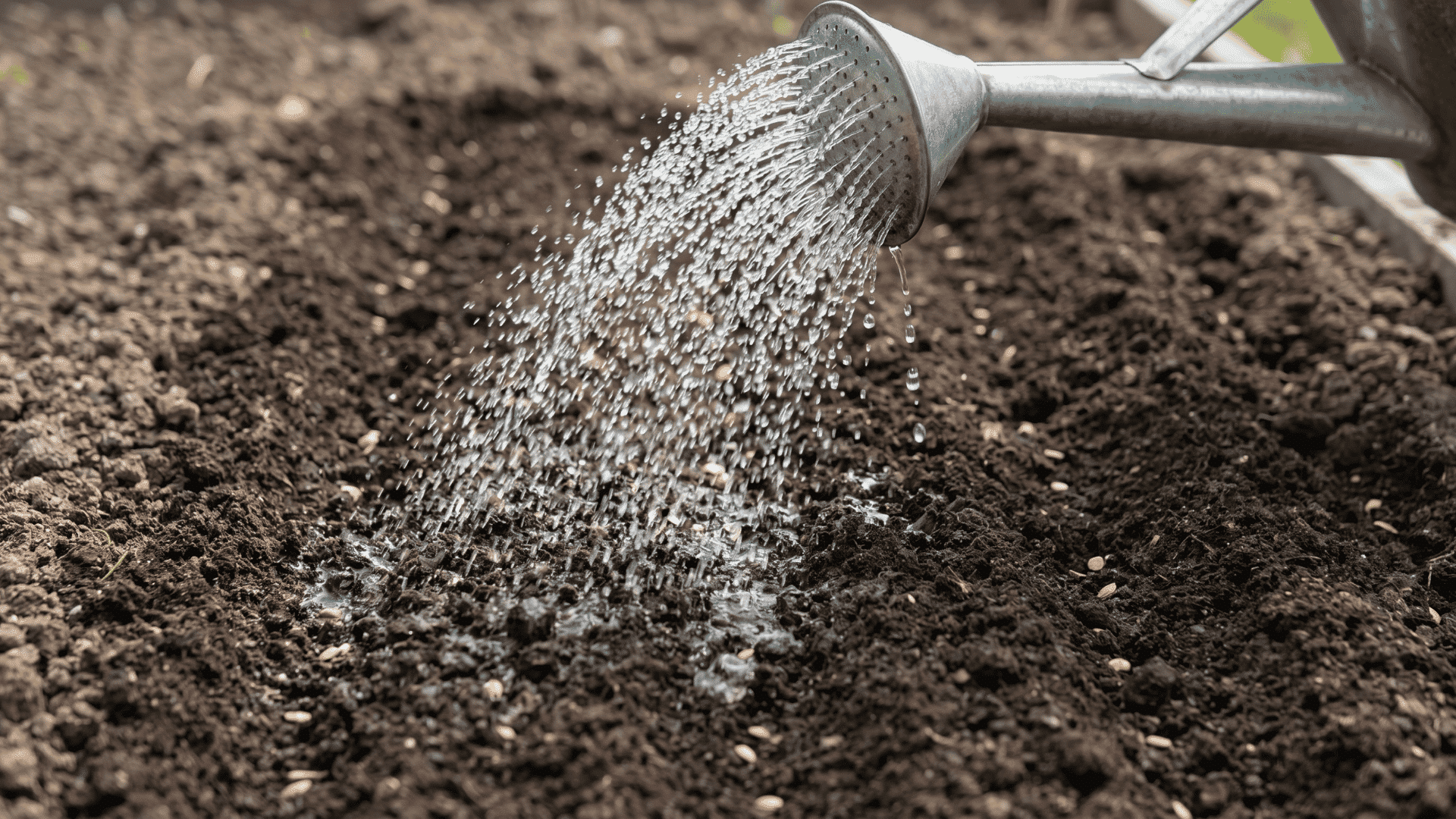Gentle watering over freshly planted zinnia seeds in garden soil
