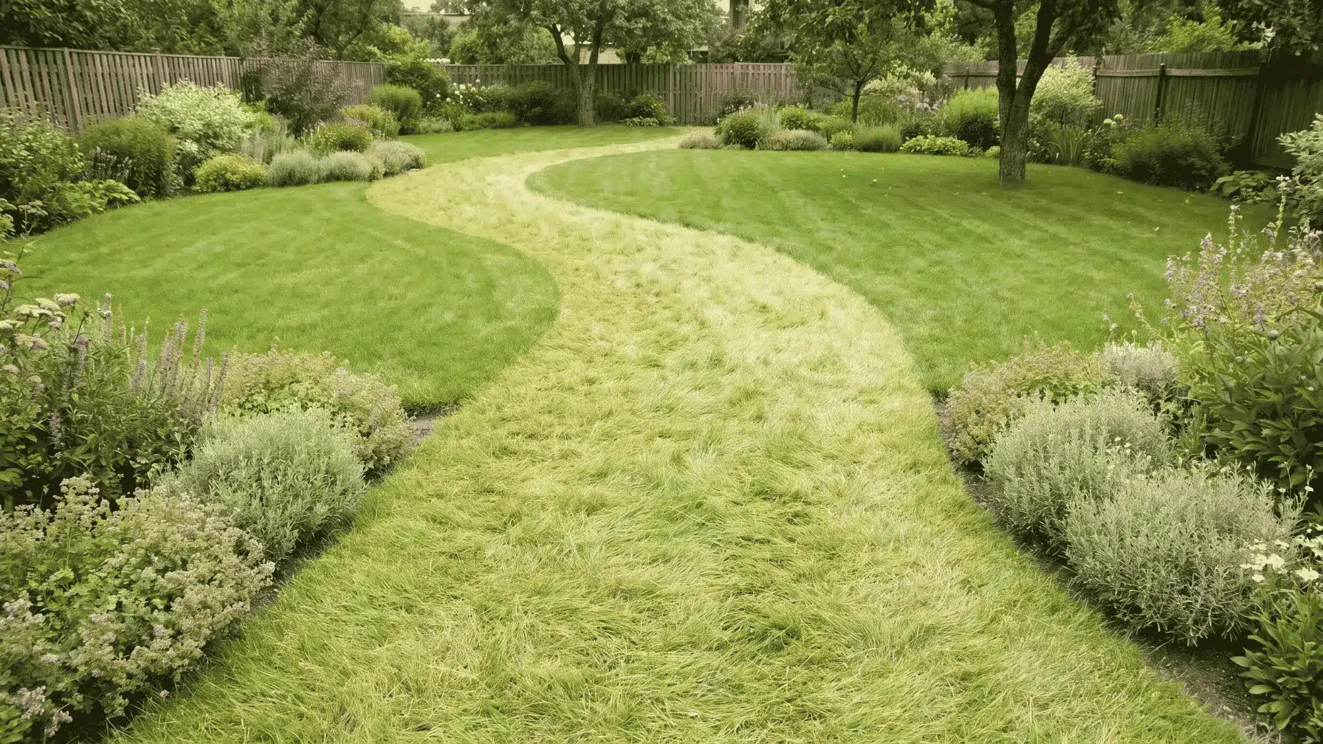 Grass garden pathway running through an open backyard lawn