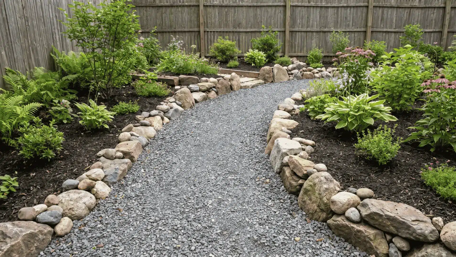 Gravel garden path lined with natural rocks