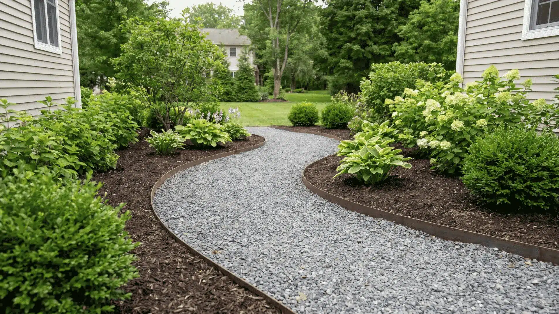 Gravel garden path with edging beside plants and mulch beds
