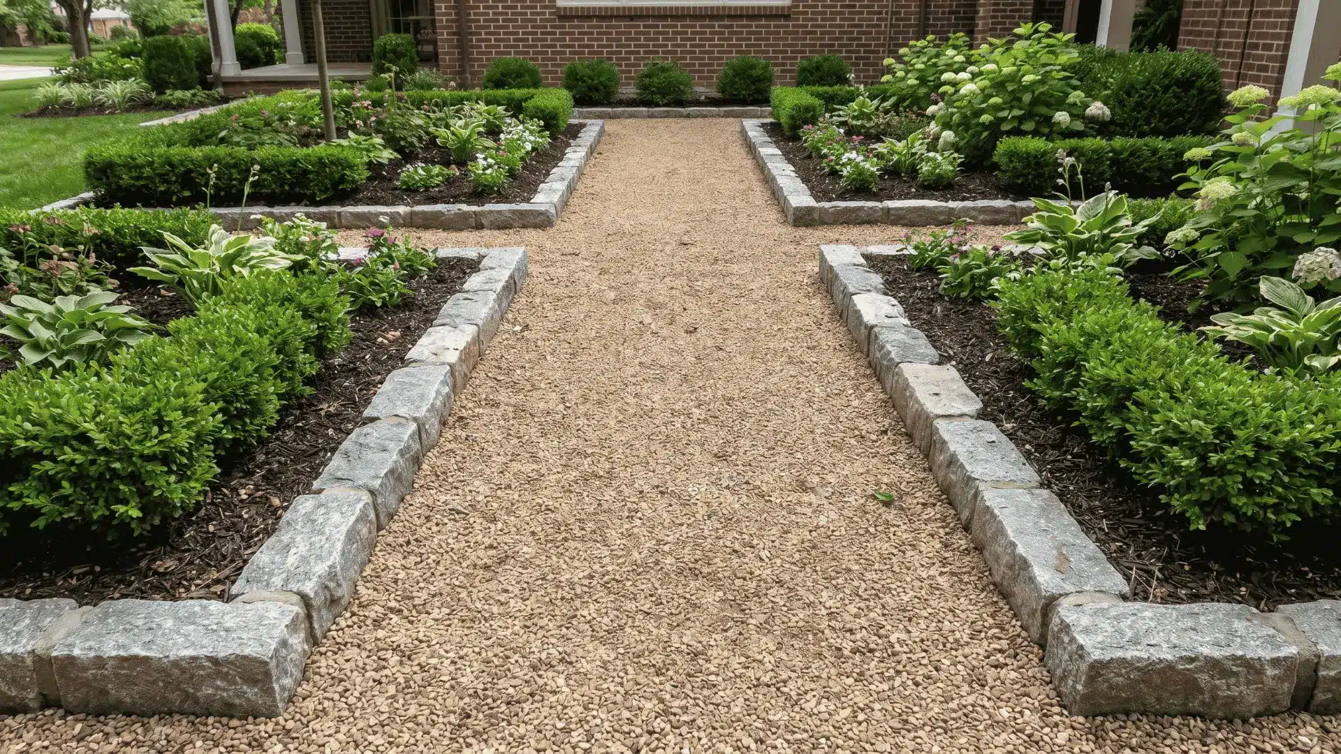 Gravel garden path with raised stone edging and trimmed plants