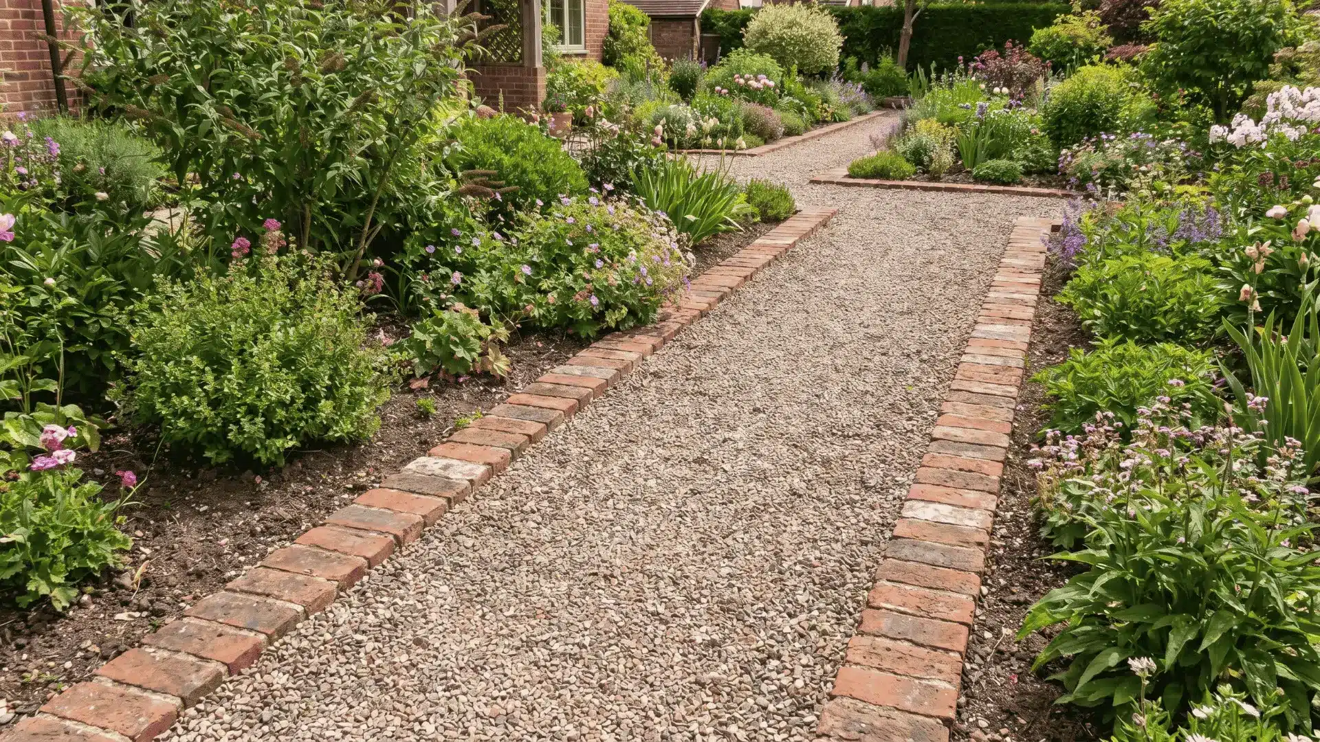 Gravel path with brick edging in a backyard garden