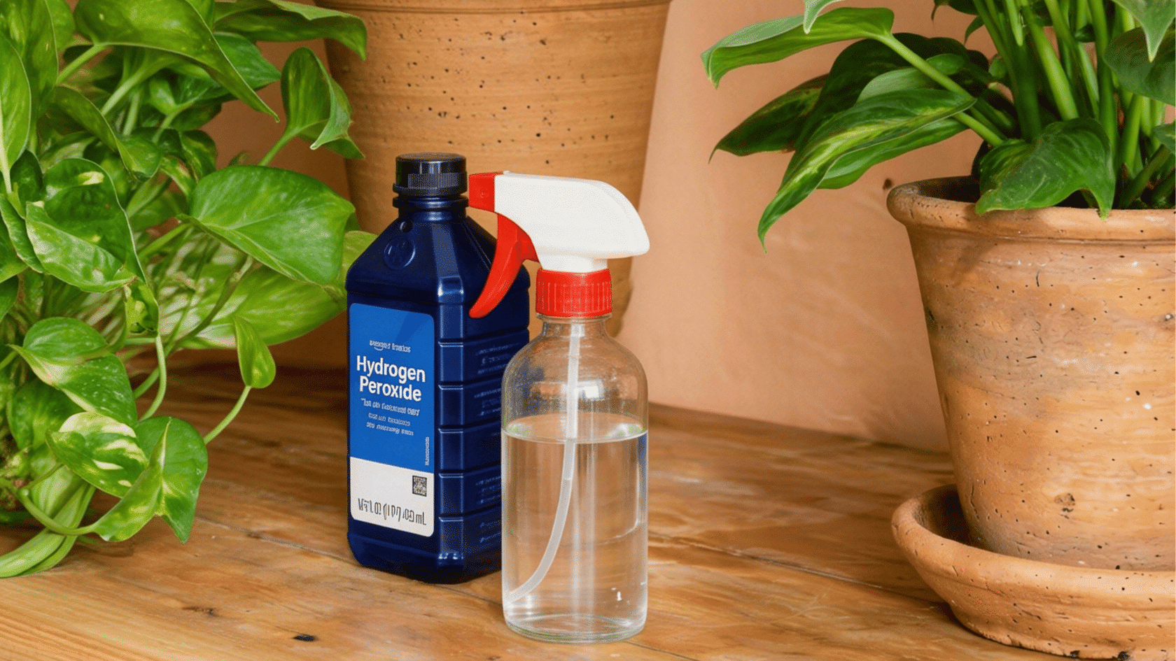 Hydrogen peroxide bottle and spray container beside indoor potted plants on a wooden table