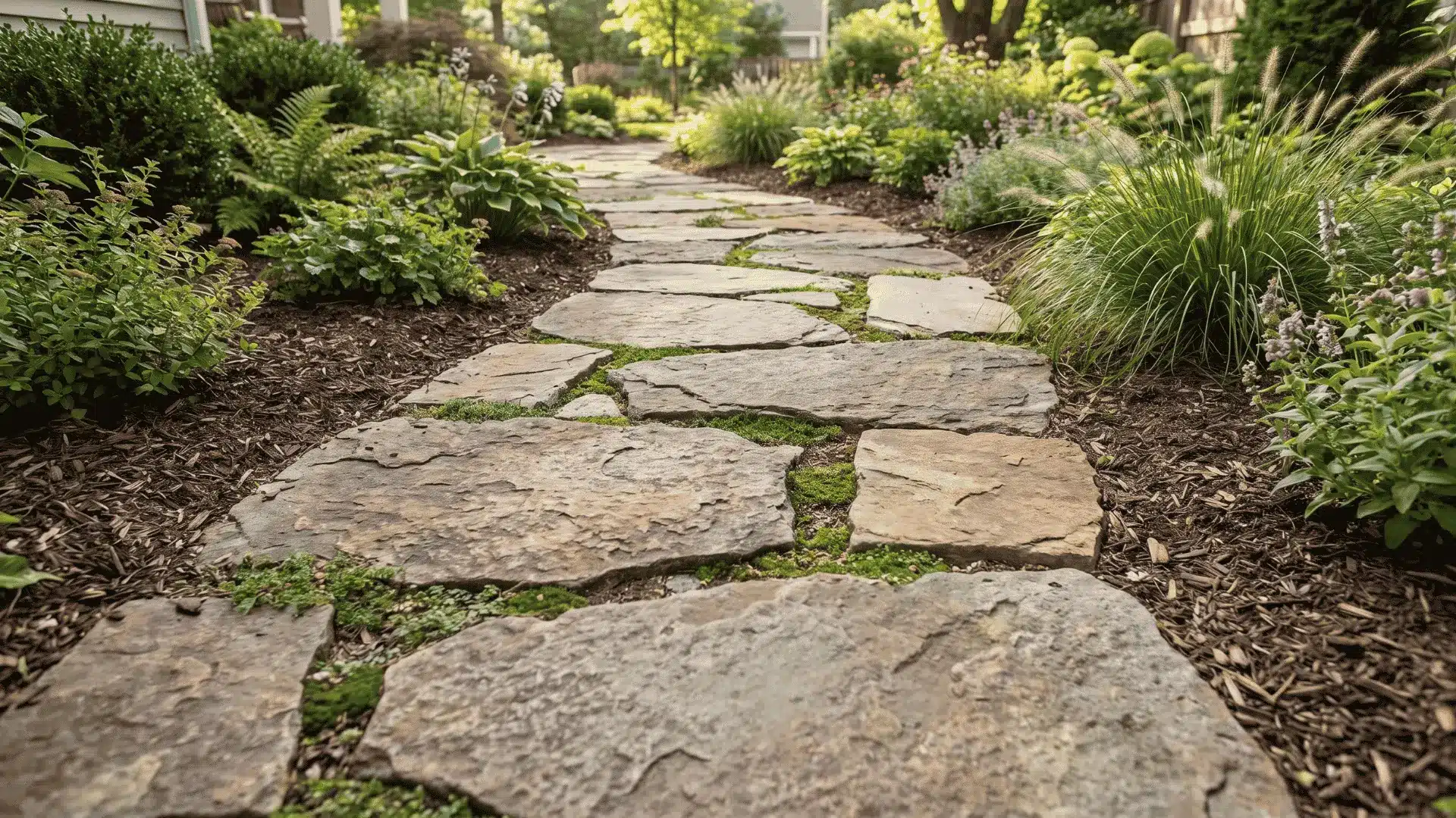 Irregular flagstone slabs placed through a planted garden bed