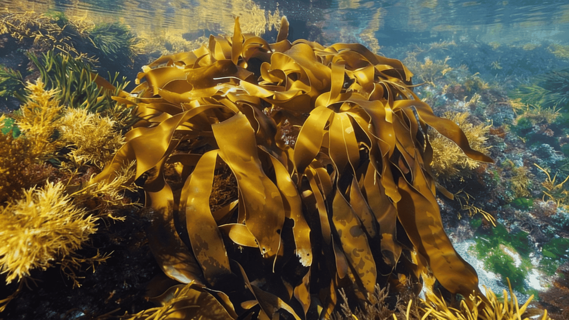 Kelp growing underwater in clear blue ocean water with sunlight shining from above.