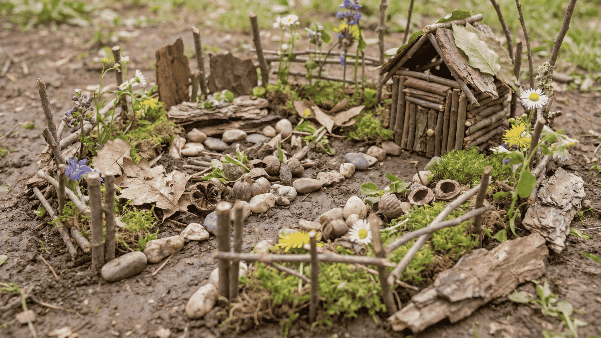 Kids' nature fairy garden made from sticks, bark, stones, seed pods, flowers, and moss with small paths and walls