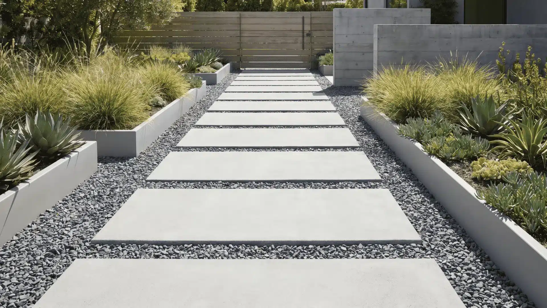Large concrete pavers with gravel gaps in a modern garden