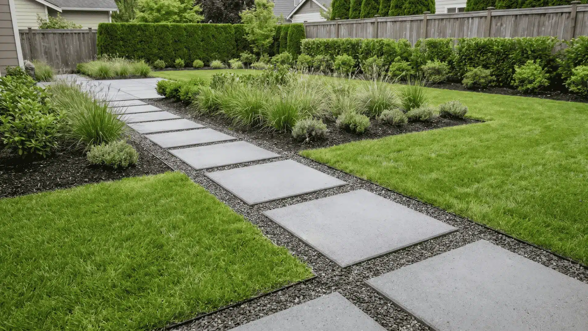 Large concrete slab path in a modern landscaped garden