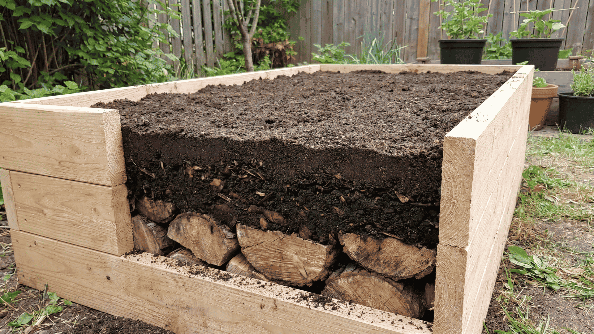 layered raised garden bed with logs compost and top soil visible inside a wooden garden frame