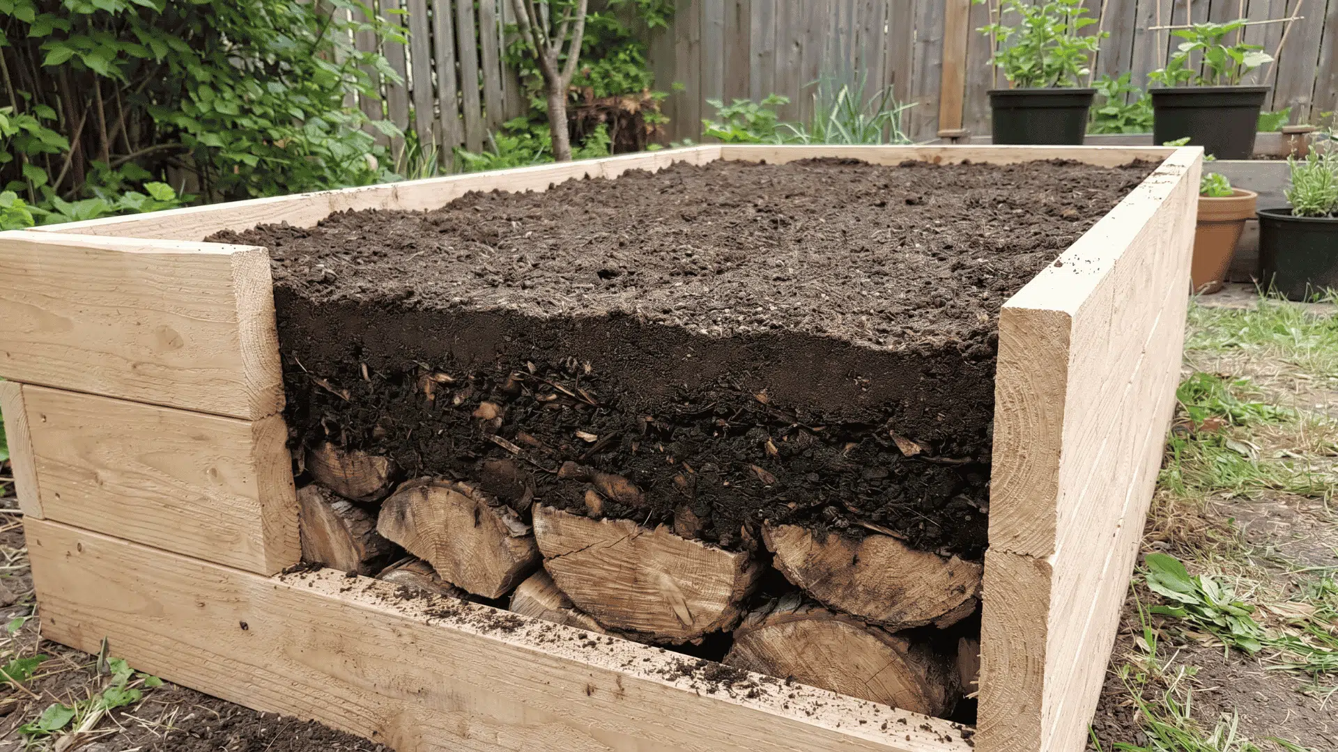 layered raised garden bed with logs compost and top soil visible inside a wooden garden frame