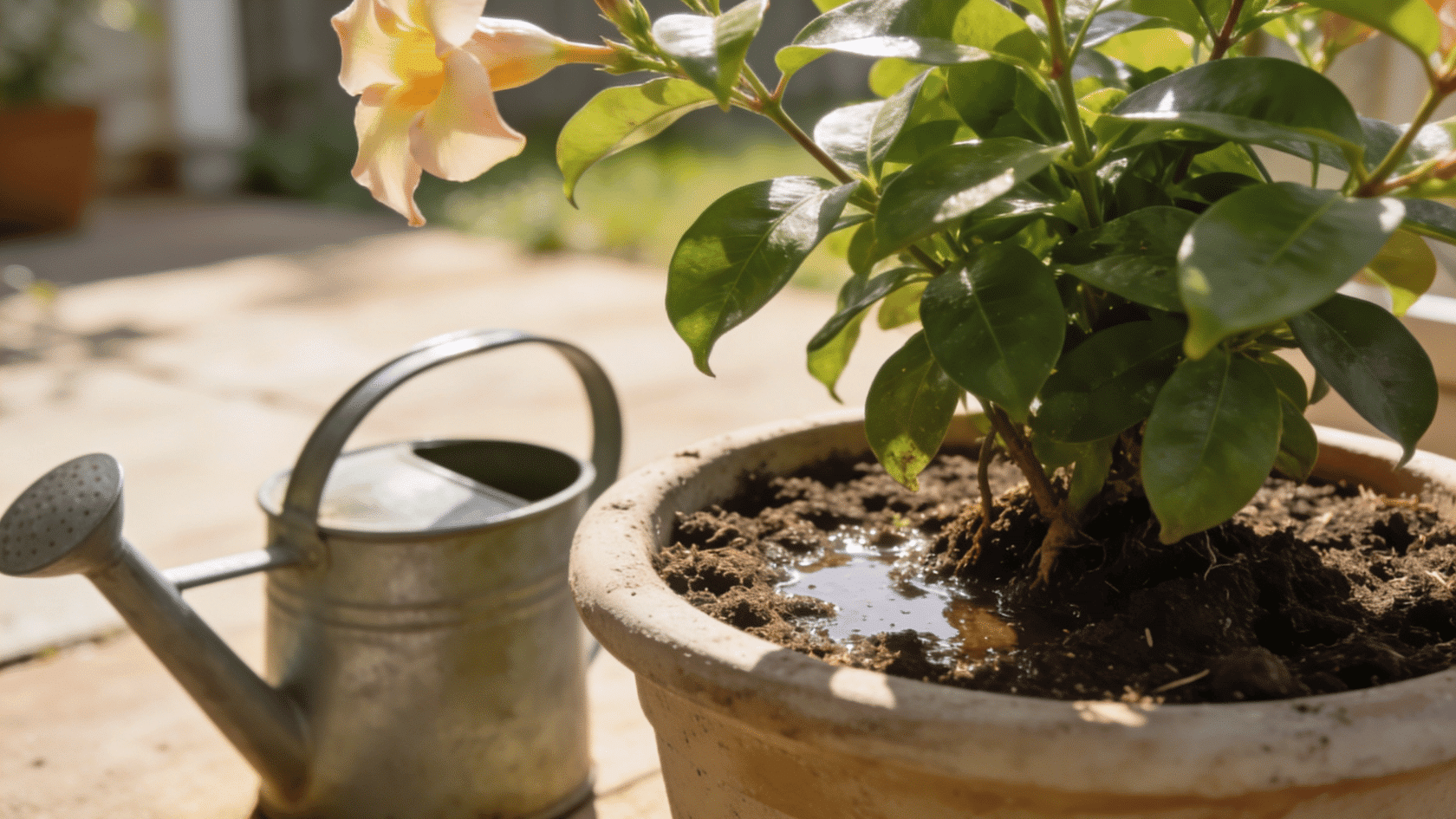 Mandevilla plant in a container with lightly moist soil and healthy green leaves outdoors
