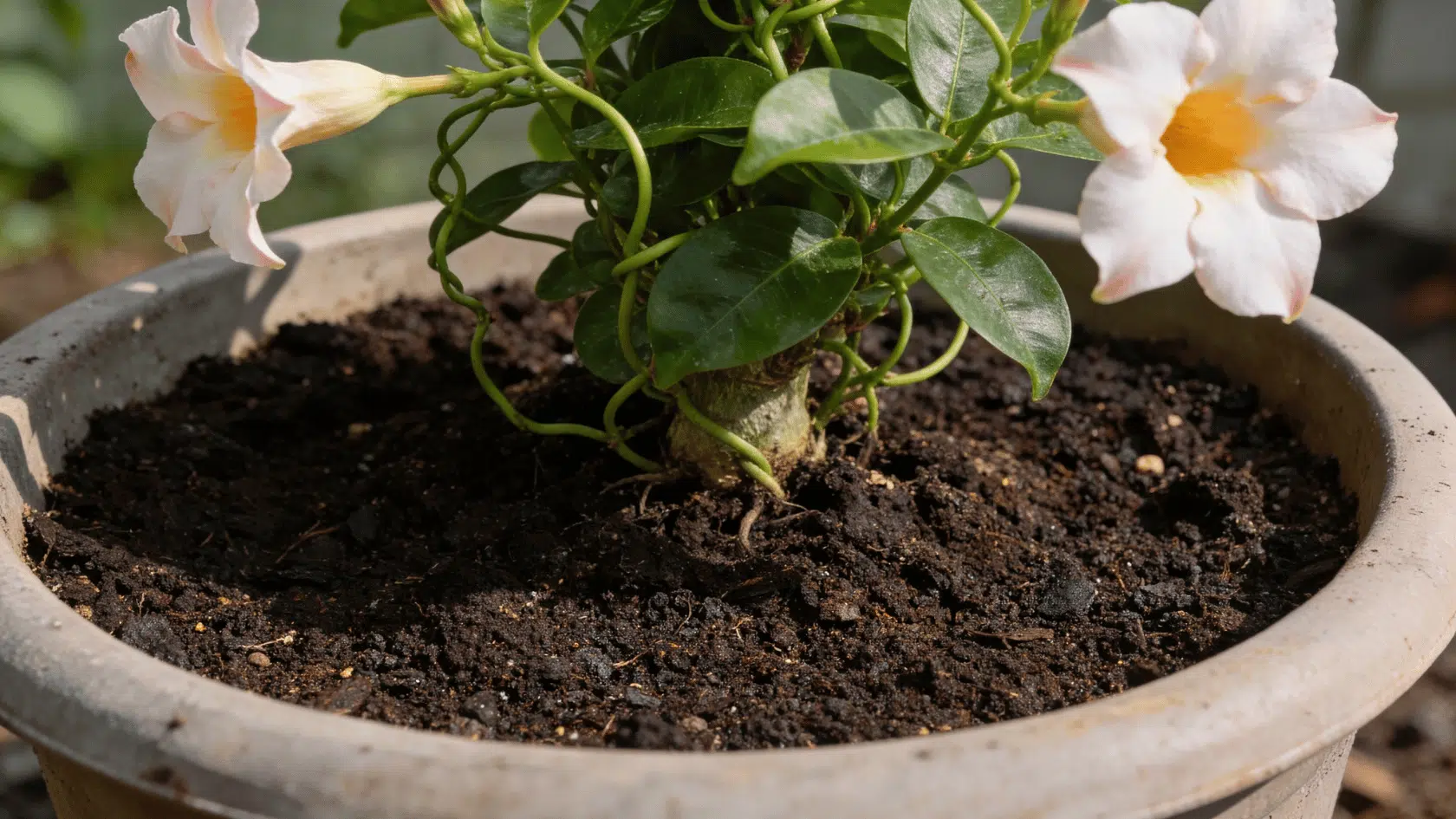 Mandevilla plant in loose potting soil mixed with perlite and sand inside an outdoor container