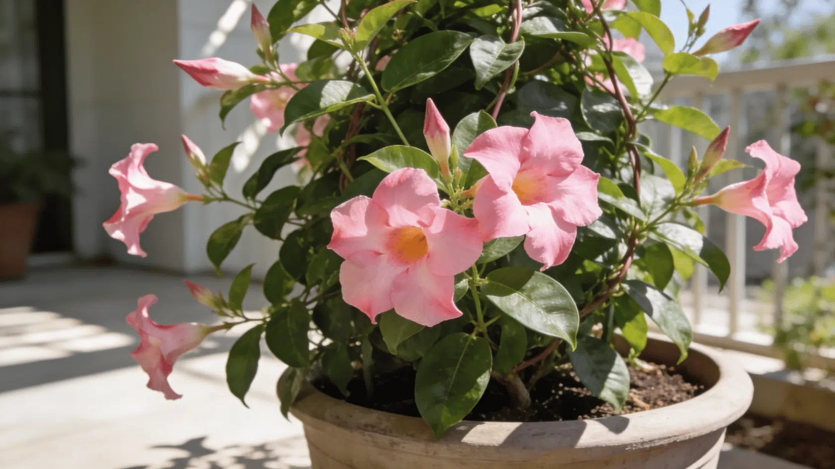 Mandevilla vine with pink flowers growing in a sunny outdoor container near partial shade