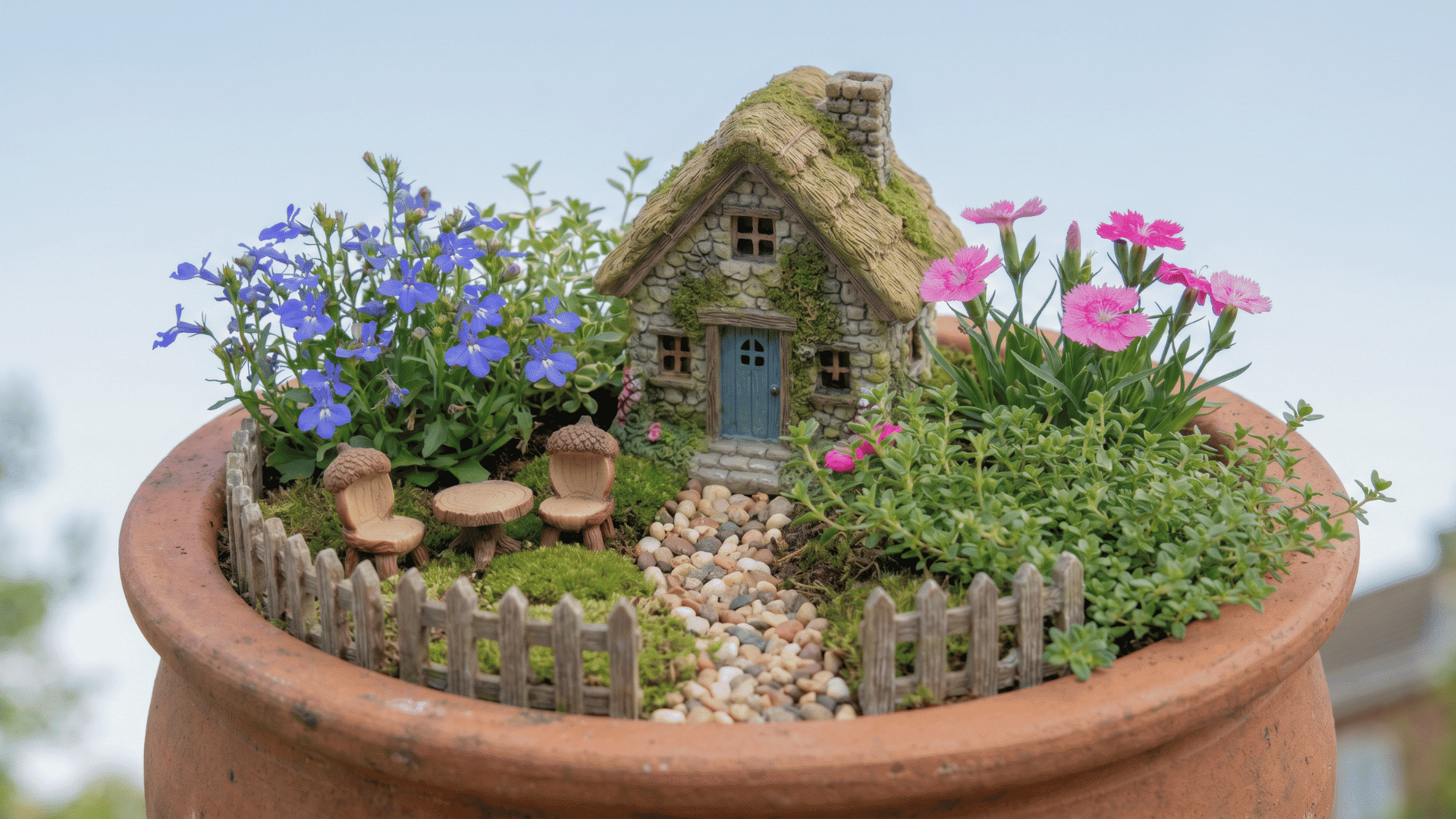 Mini cottage fairy garden with a small house, pebble path, low fence, flowering plants, and a tiny seating area