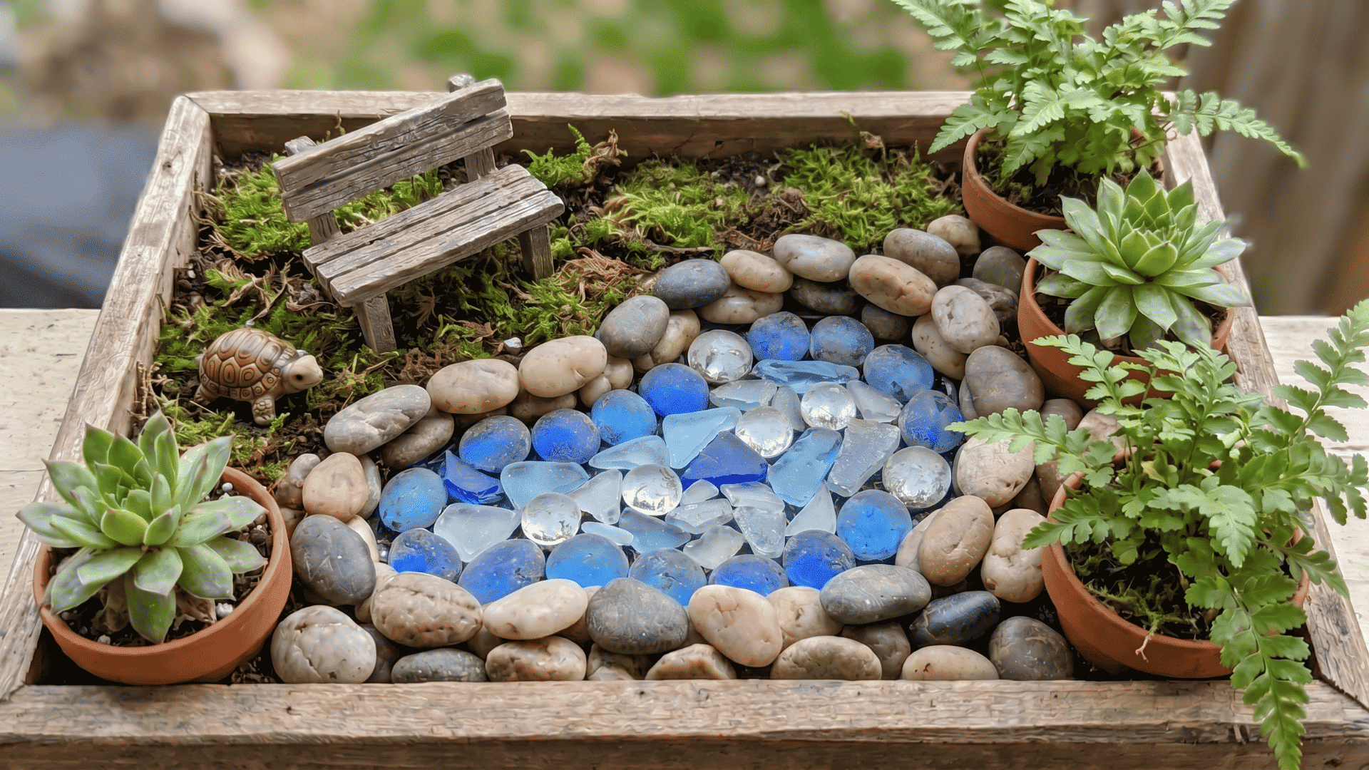 Mini fairy garden with a blue stone pond, natural stone border, small bench, and nearby plants