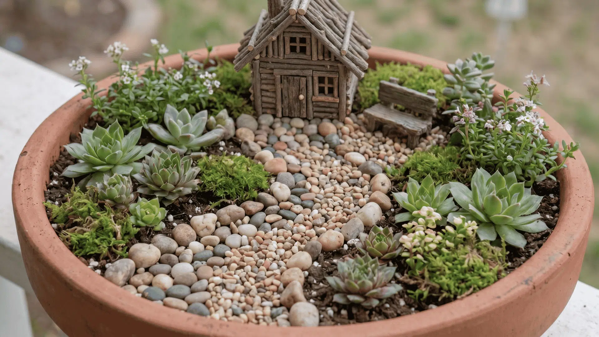 Mini fairy garden with a curved pebble path, stone border, small plants, and a tiny house at the end