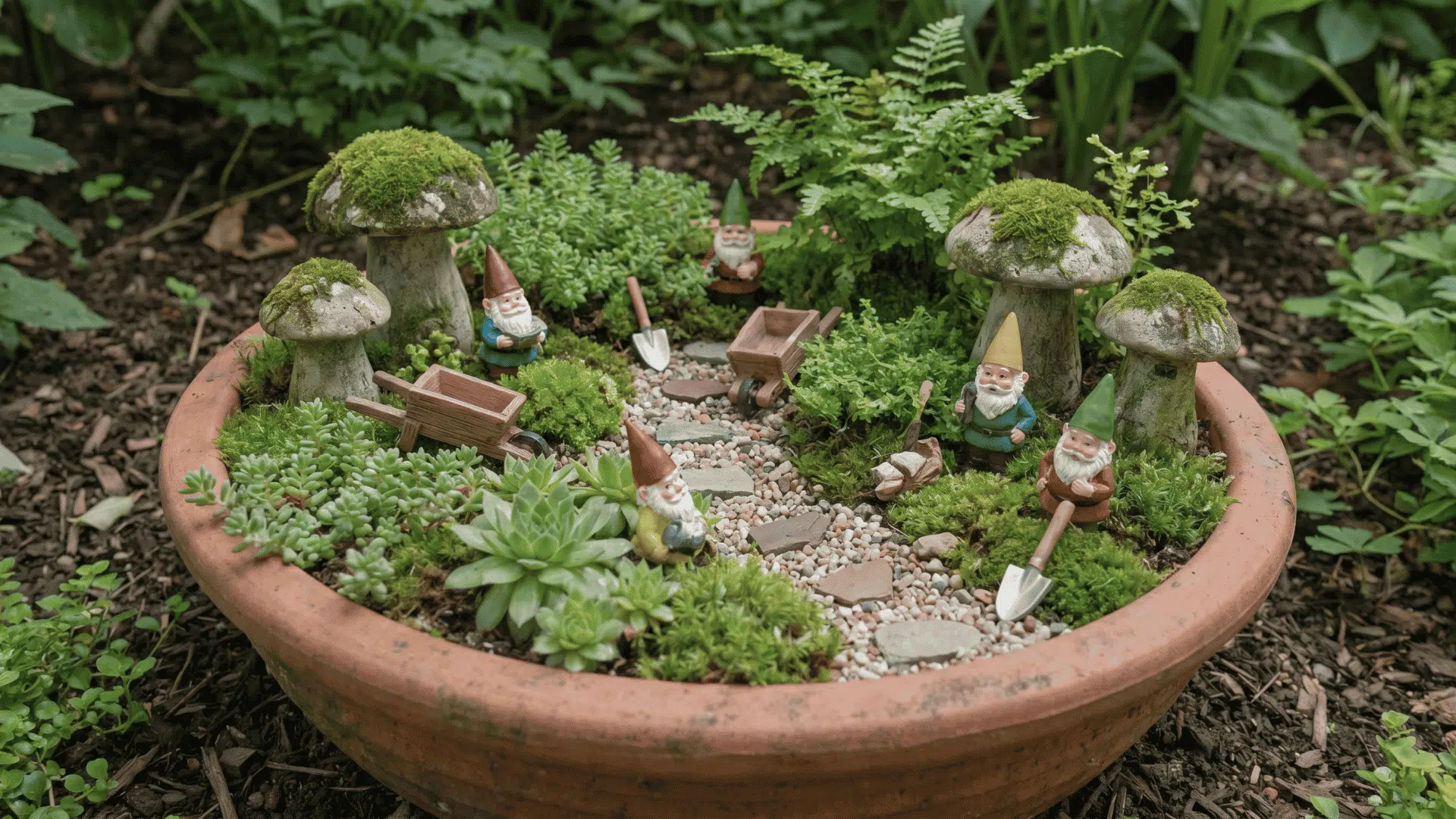 Mini gnome garden with small gnome figures, mushrooms, tiny tools, winding path, and low plants