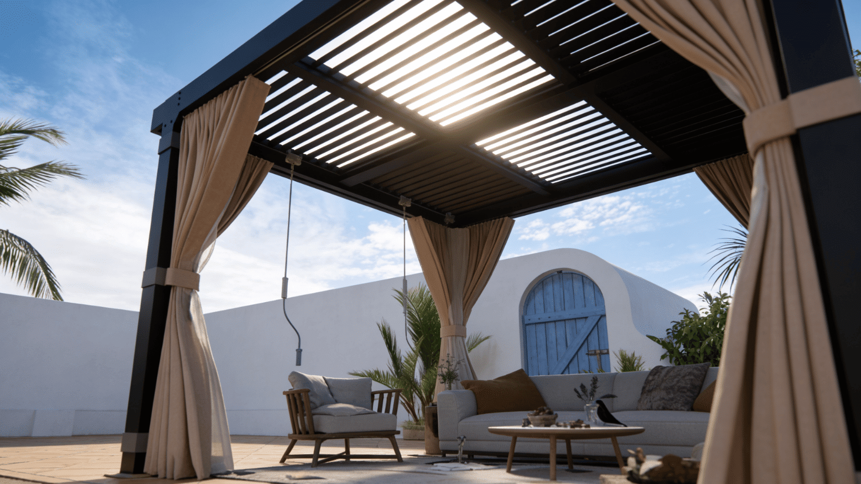 Modern louvered pergola with adjustable roof slats over an outdoor patio seating area