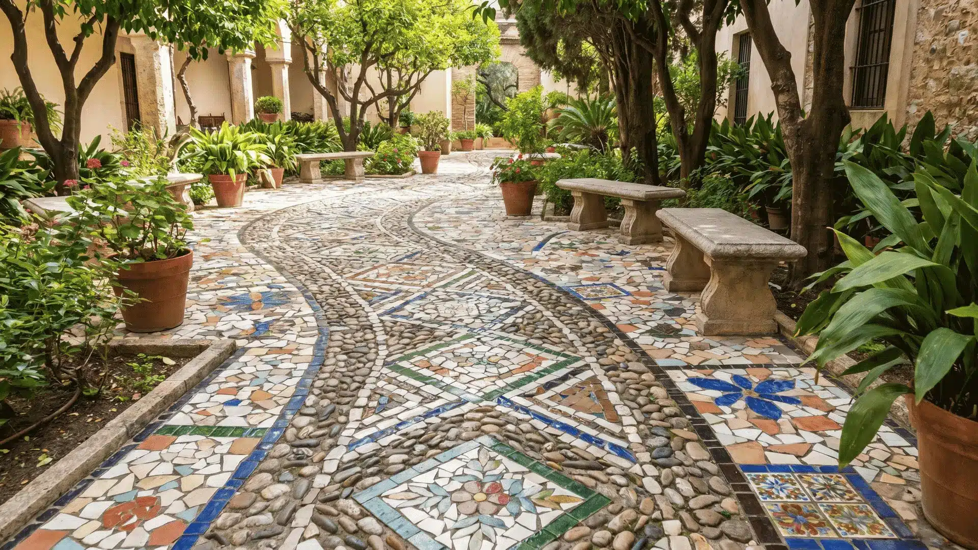 Mosaic tile garden path with decorative stone patterns