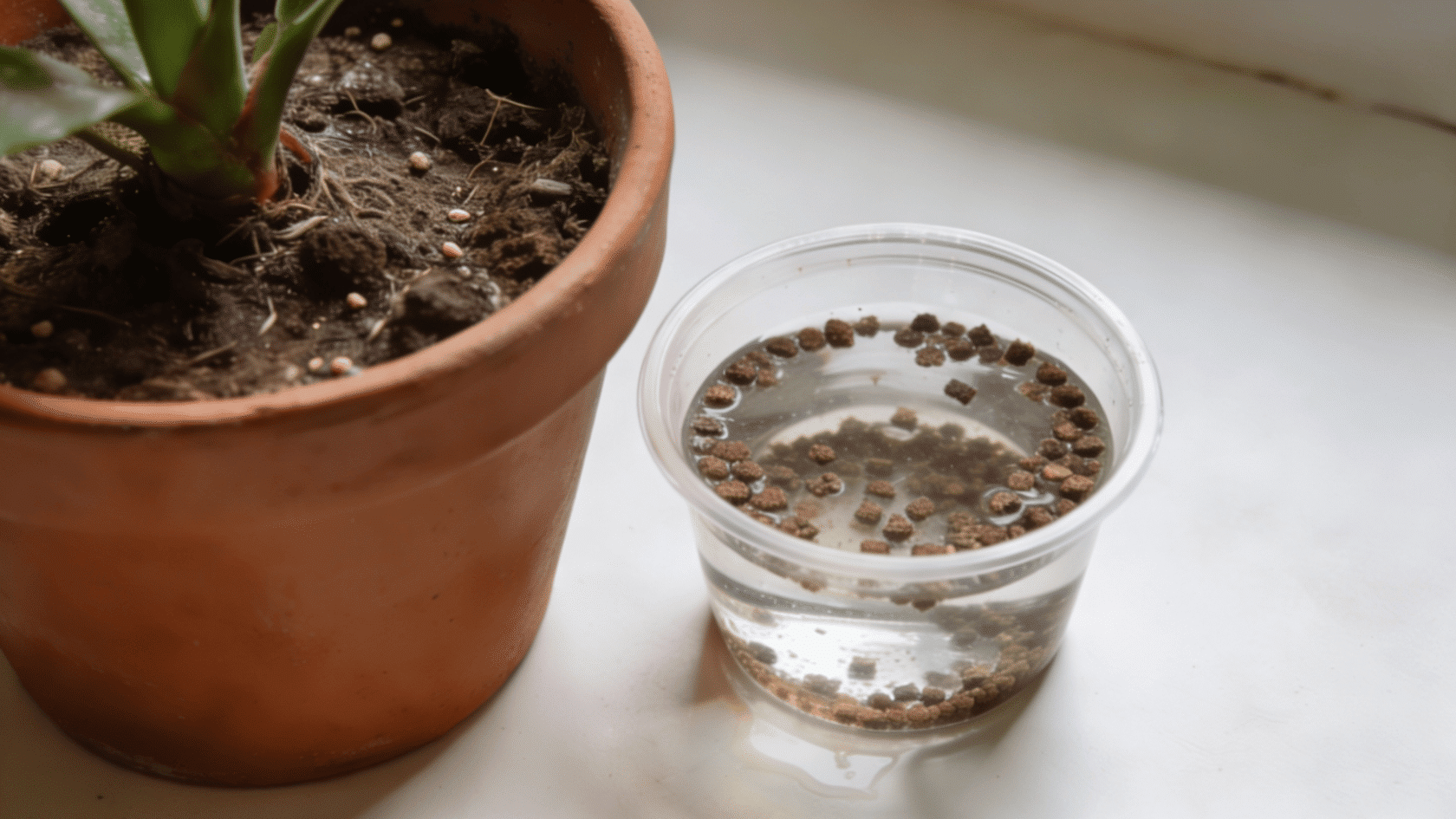 Mosquito Bits soaking in water beside a potted plant for fungus gnat treatment