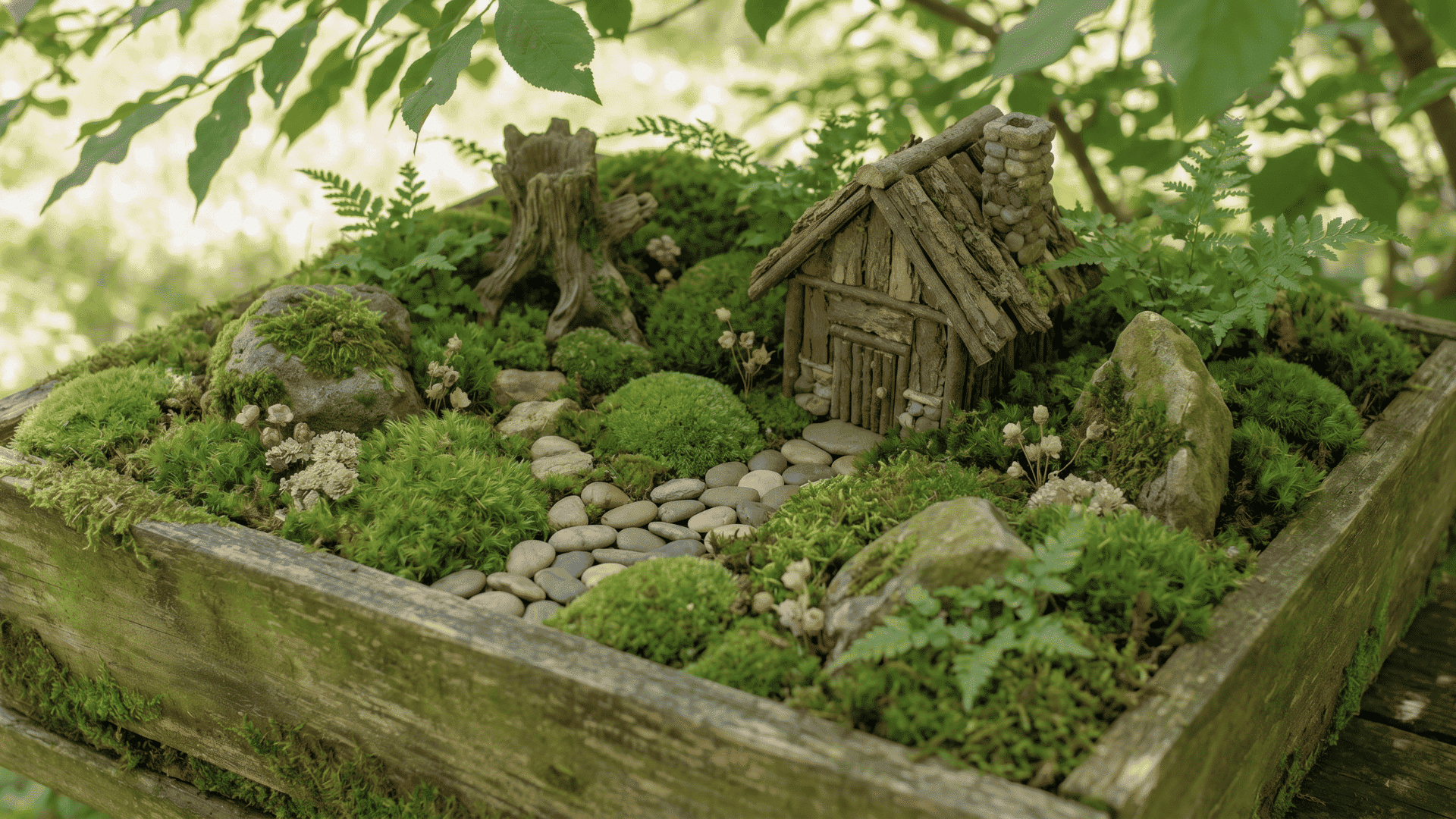 Moss fairy garden with a tiny house, small path, stones, and moss covering the ground