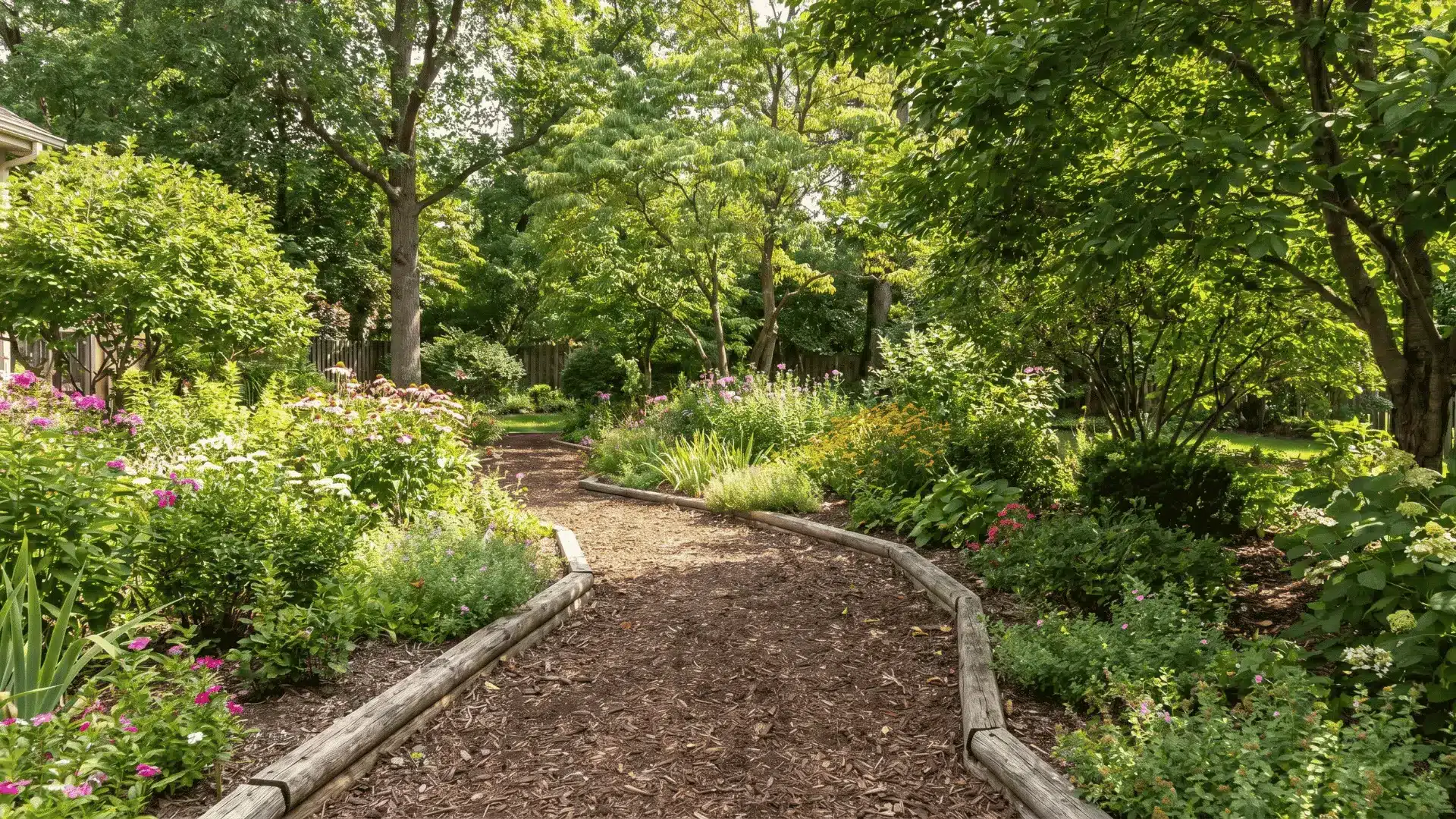 Mulch garden path bordered with wood edging in a backyard