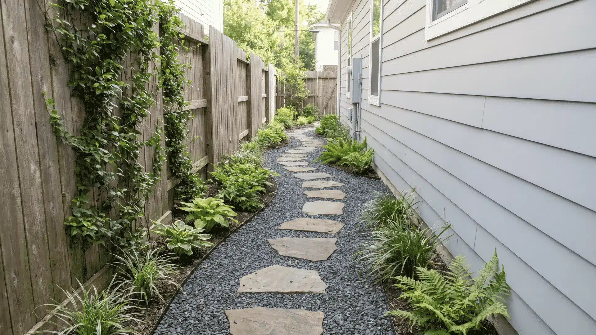 Narrow gravel and stepping stone path beside a house