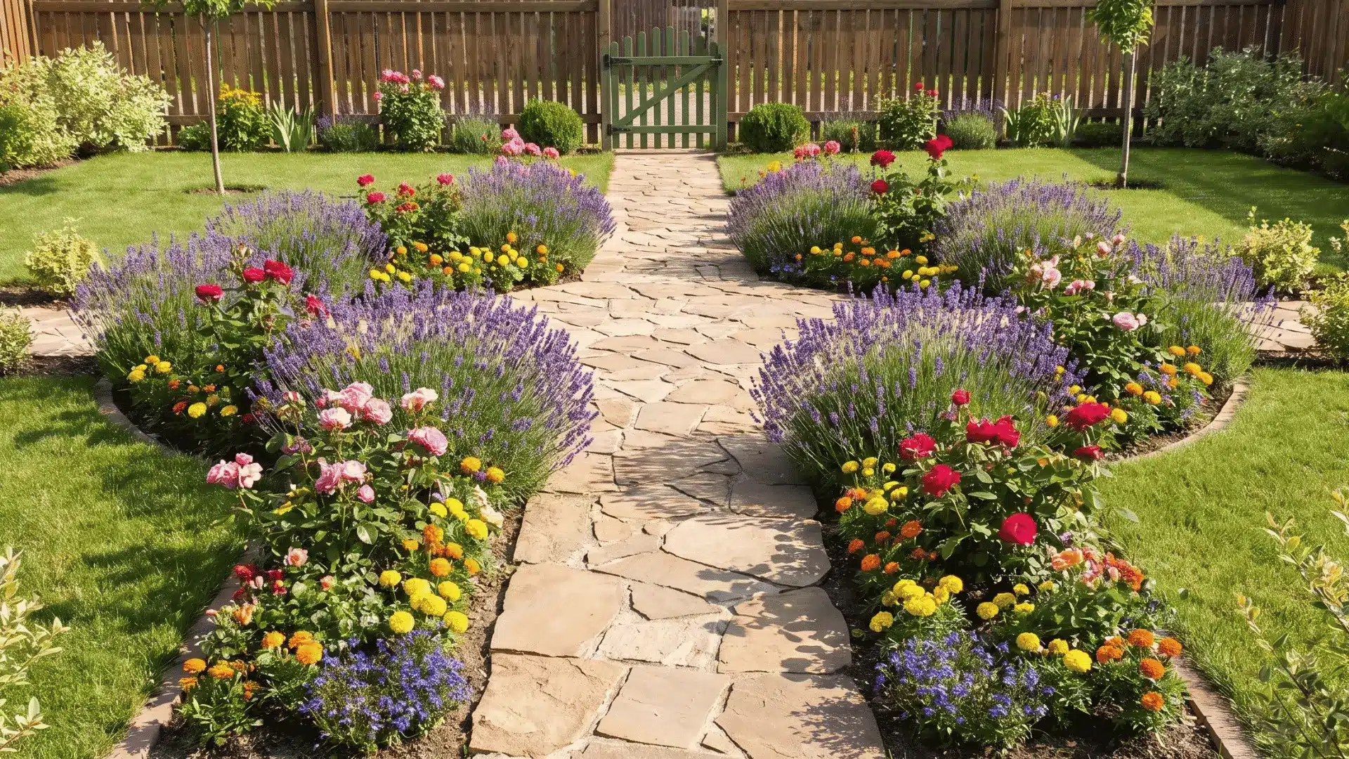 Narrow stone garden path between organized flower beds