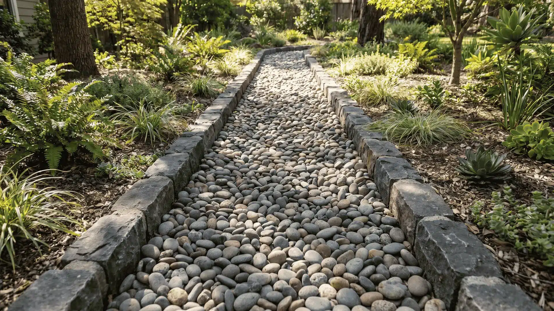 Pebble garden path with stone edging beside plants