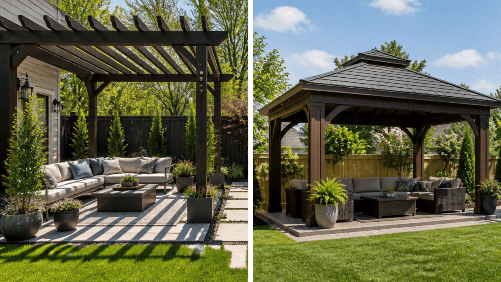 Pergola with open slats beside a covered gazebo in a backyard seating area