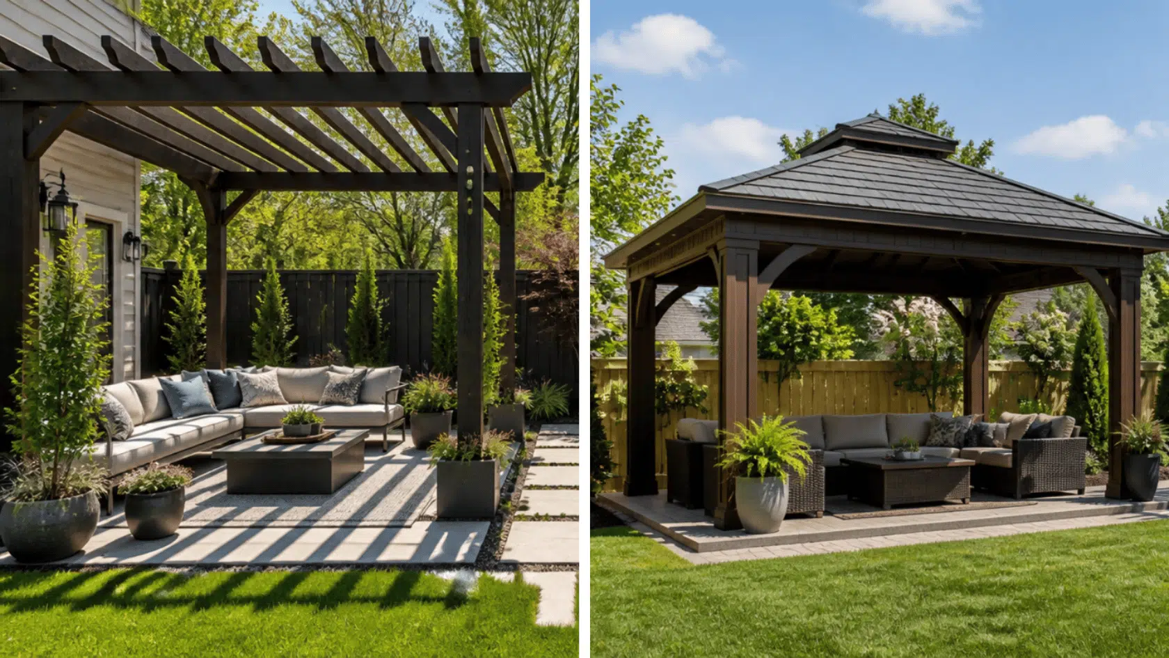 Pergola with open slats beside a covered gazebo in a backyard seating area