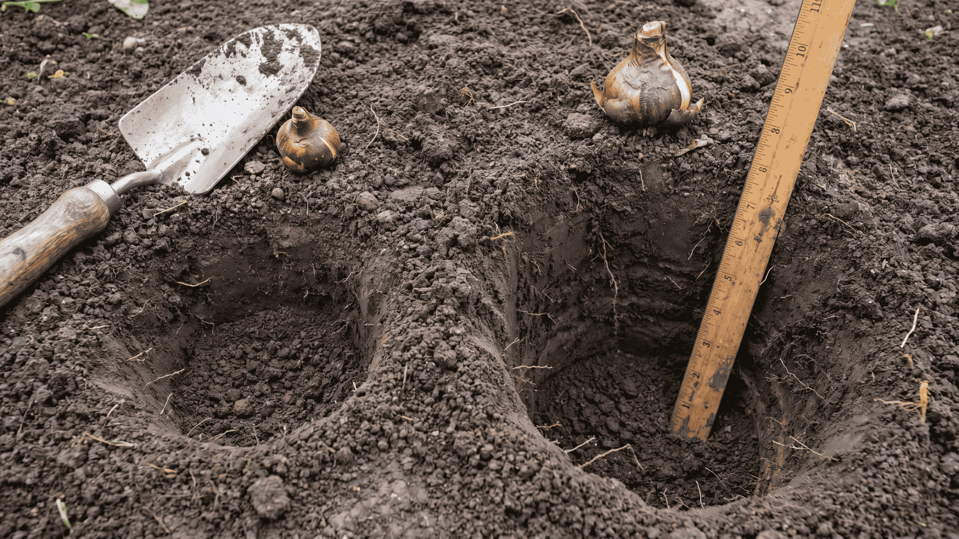 Planting holes prepared at different depths for elephant ear bulbs