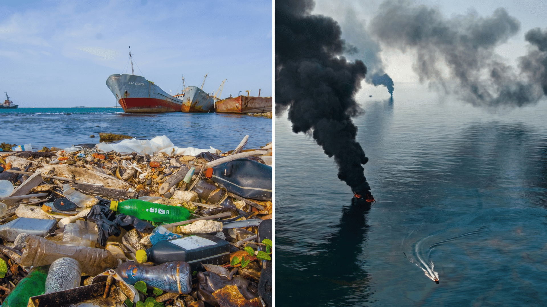 Plastic waste and smoke pollution harming ocean water near damaged ships.