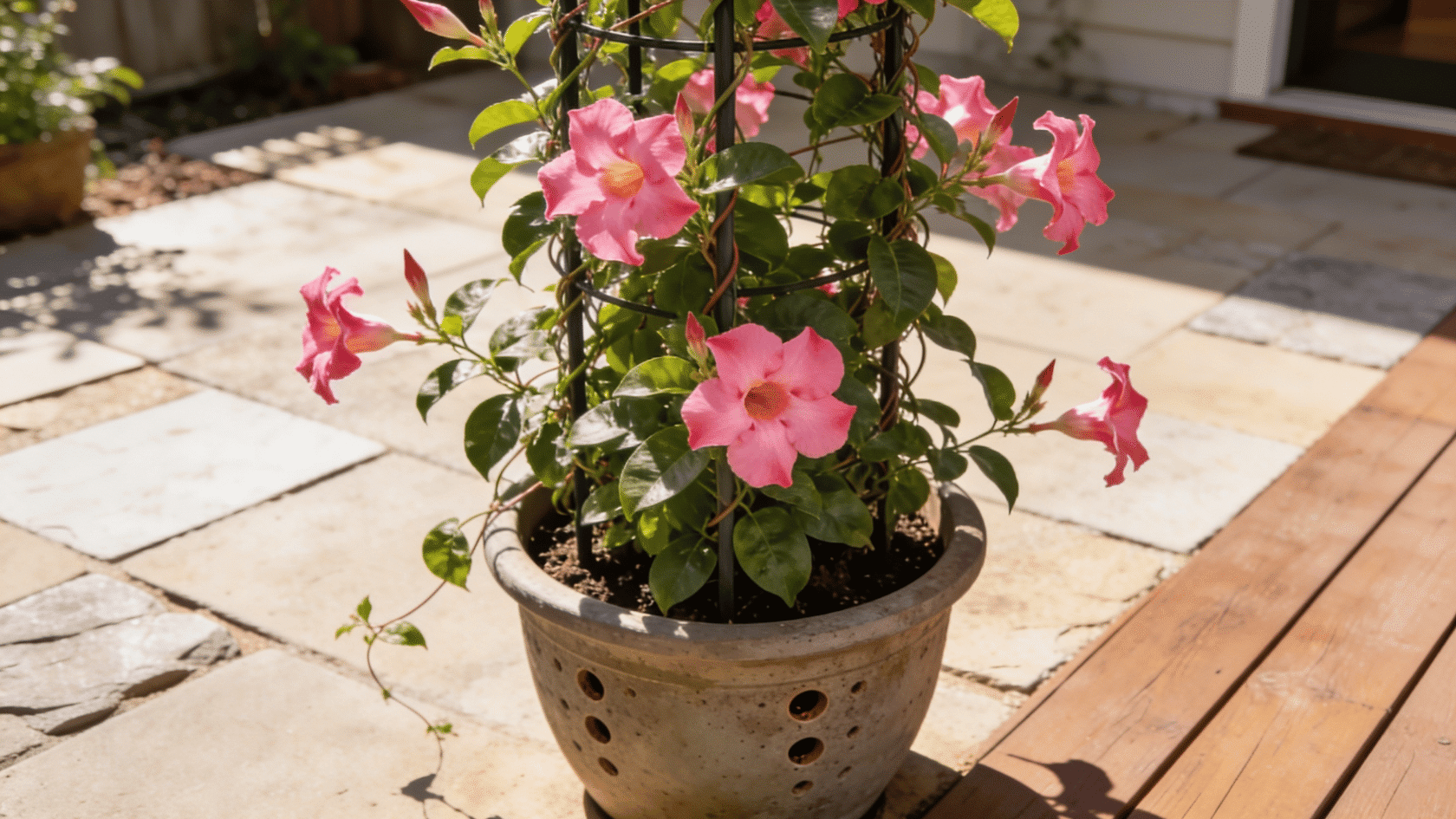 Potted mandevilla vine climbing a trellis on a sunny outdoor patio with healthy green leaves