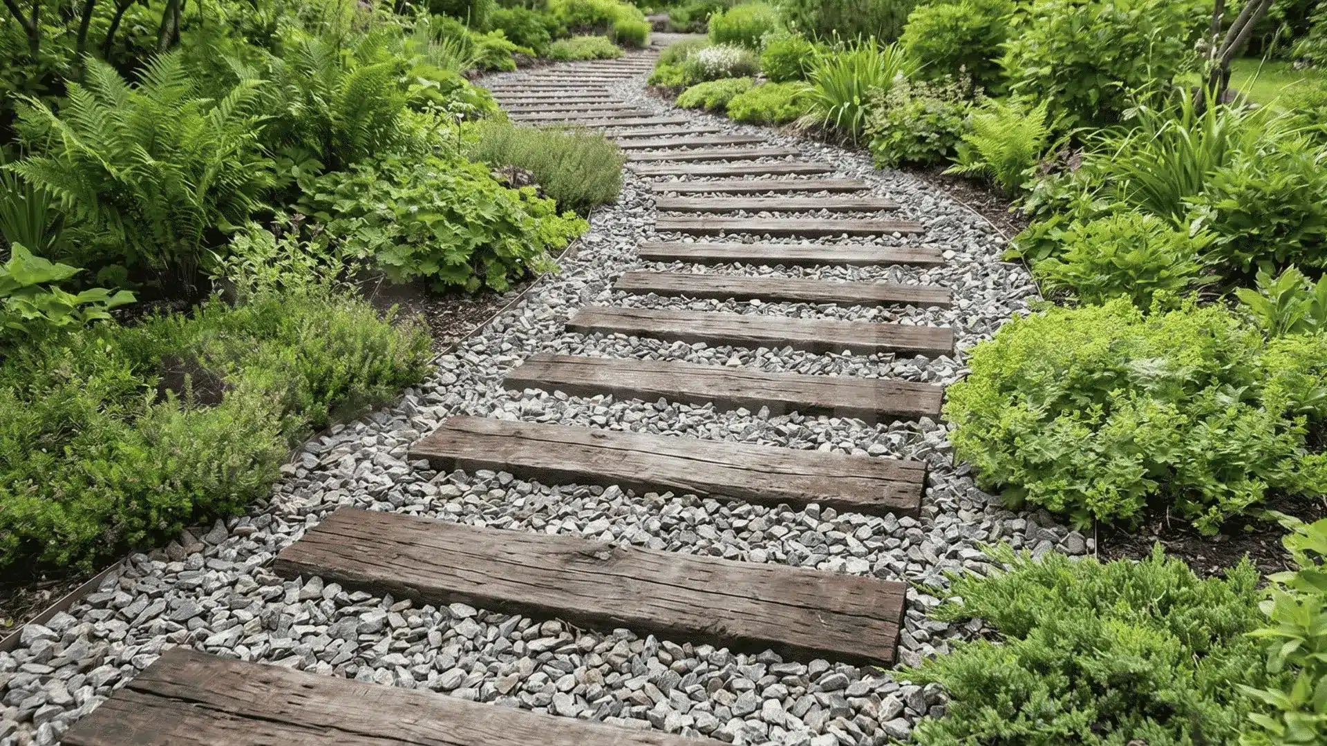 Railway sleeper garden path with gravel between wood planks