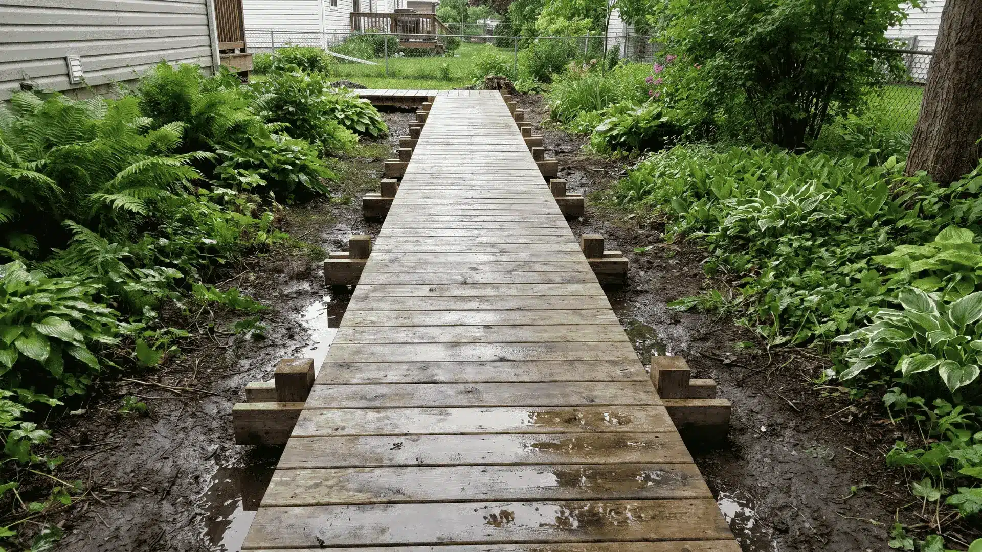 Raised wooden boardwalk path through a damp garden area