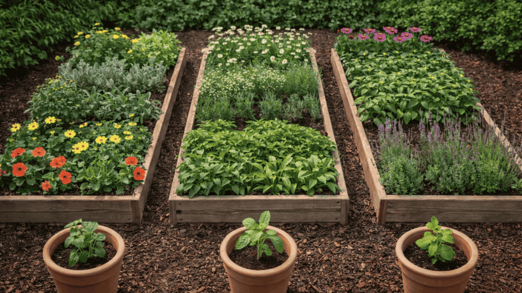 raised wooden herb garden beds filled with basil lavender chamomile and flowering plants in an organized backyard layout