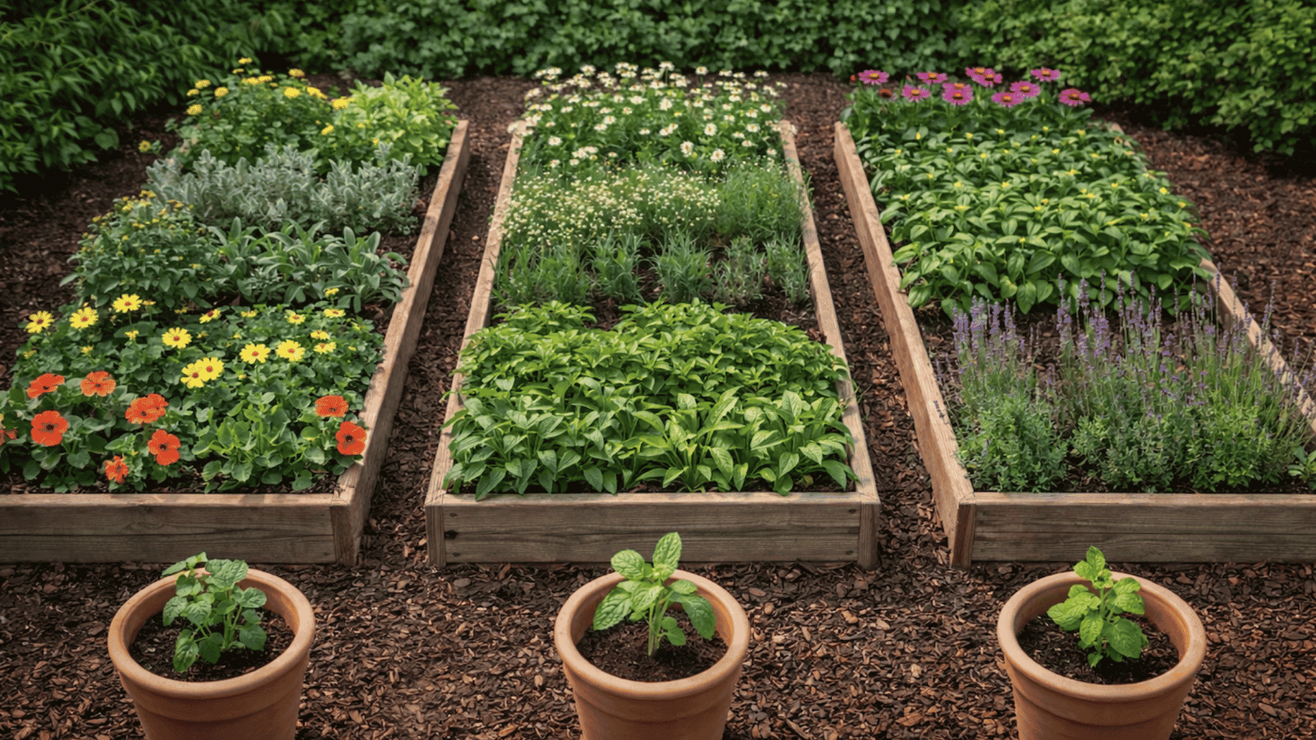 raised wooden herb garden beds filled with basil lavender chamomile and flowering plants in an organized backyard layout