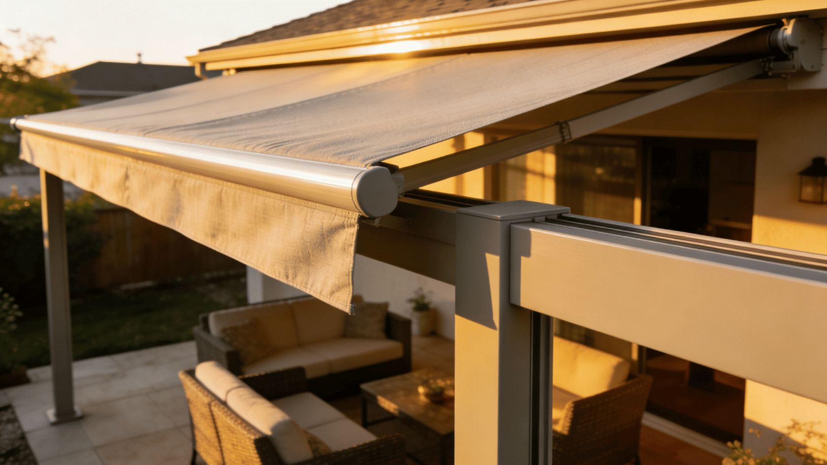 Retractable pergola with a fabric canopy extended over an outdoor patio seating area