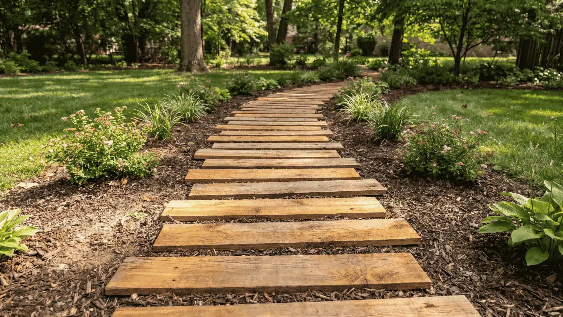 Rustic cedar plank garden path in a landscaped backyard