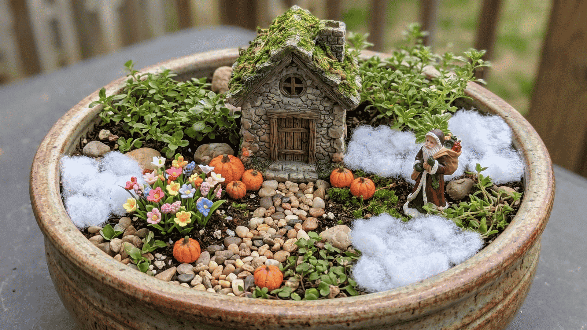 Seasonal fairy garden in a planter with a small house, path, pumpkins, spring flowers, faux snow, and a holiday figure