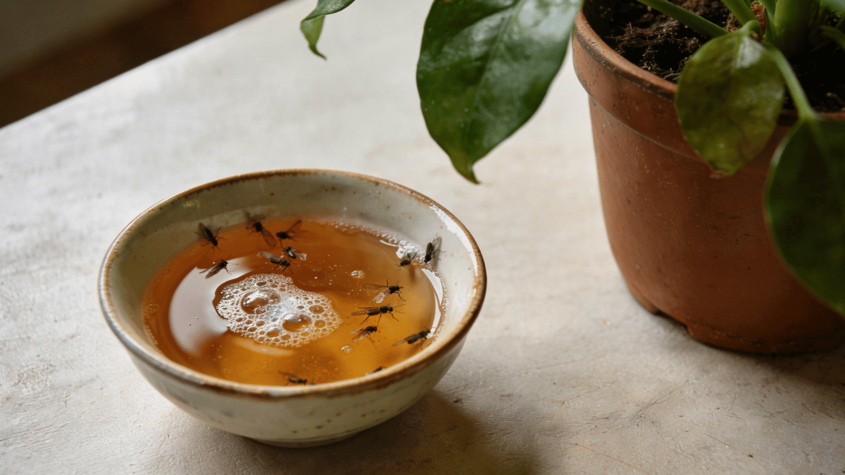 Small bowl of apple cider vinegar and dish soap beside a potted plant trap