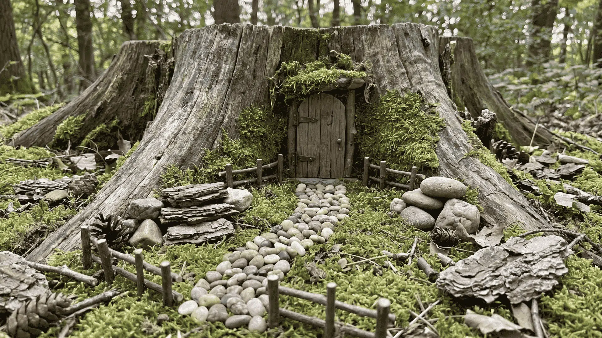 Small fairy door at a tree stump base with moss, stones, twigs, pinecones, and a pebble path.