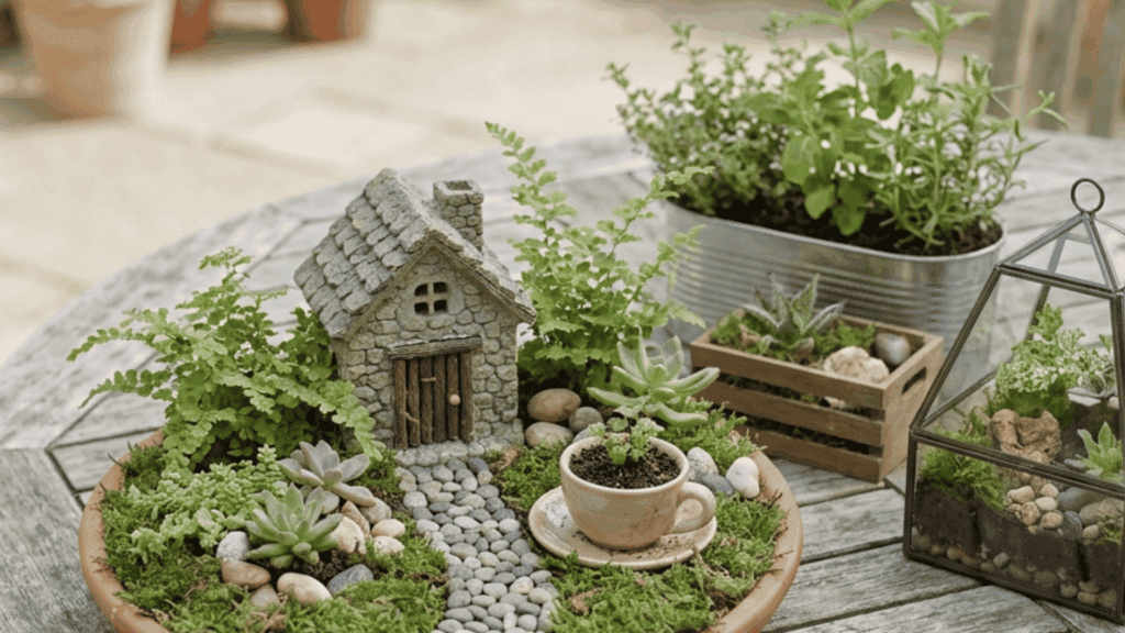 small-fairy-garden-containers-with-moss-plants-paths-and-tiny-houses-on-a-garden-table